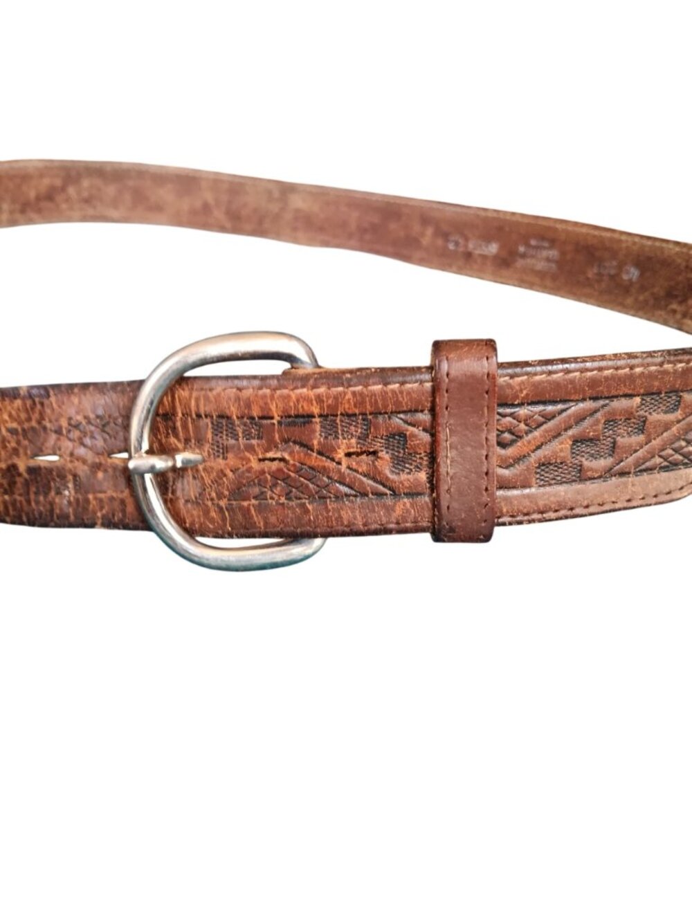 True Vintage 40 Large Leather Belt Embossed Geometric Aztec Mexico Made 1980's